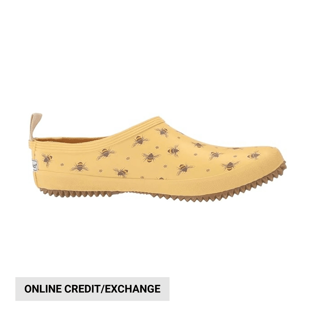 Yellow rubber shoe with bee pattern on a white background