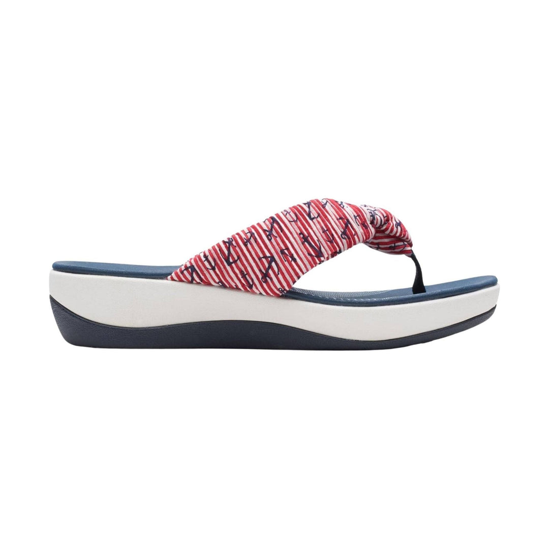 Striped thong wedge sandal with a blue footbed and white midsole
