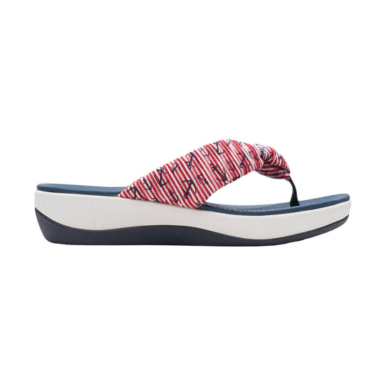 Striped thong wedge sandal with a blue footbed and white midsole