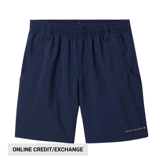 Navy boys' athletic shorts with elastic waistband, side pockets, and "OMNI-SHADE" text