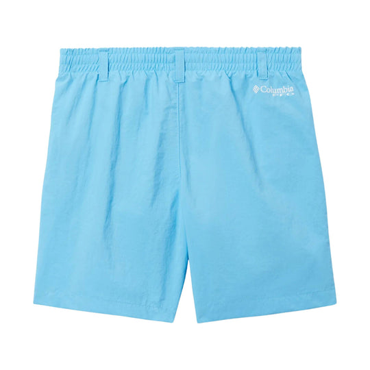 Light blue athletic shorts with an elastic waistband and Columbia logo on the upper right leg