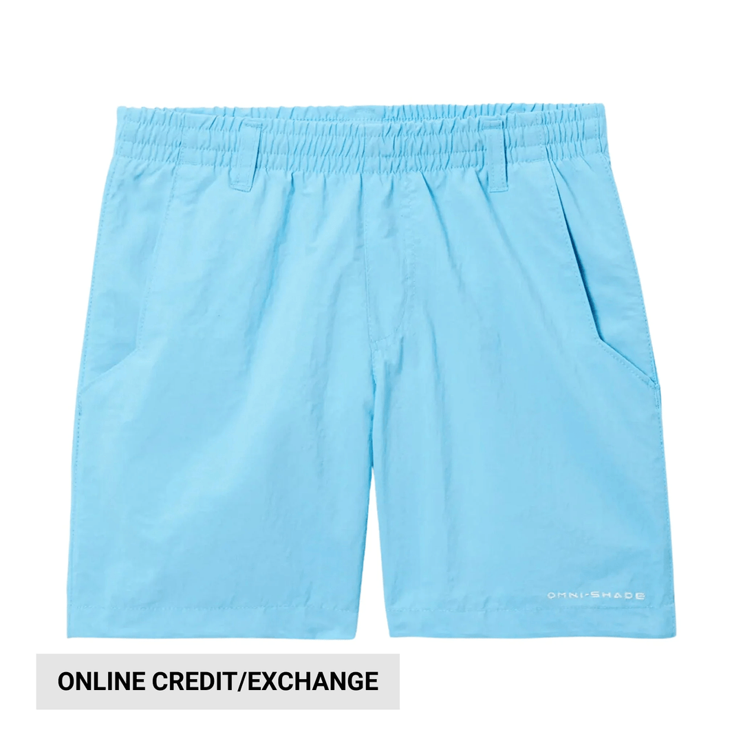 Light blue shorts with an elastic waistband, side pockets, and a white logo near the hem