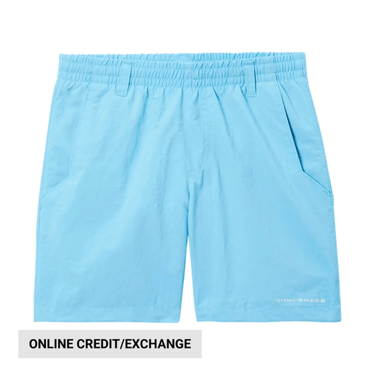 Light blue shorts with an elastic waistband, side pockets, and a white logo near the hem