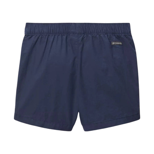 Navy elastic-waist shorts with a small Columbia logo tag