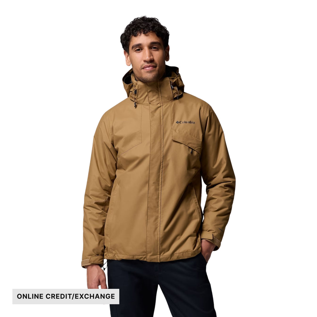 Tan hooded waterproof jacket with front zipper, chest logo, and "ONLINE CREDIT/EXCHANGE" banner