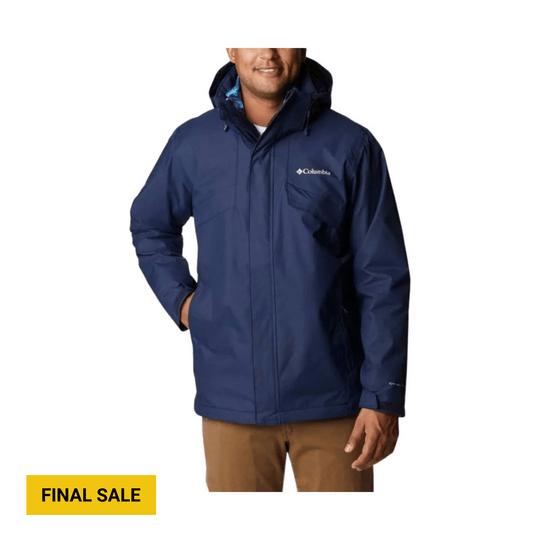 Navy hooded jacket with a front zipper, chest logo, and side pockets