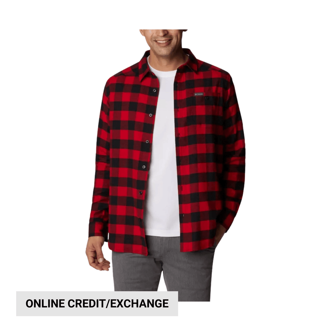 Red and black plaid long-sleeve button-up shirt on a model with a white undershirt, plus "ONLINE CREDIT/EXCHANGE" text