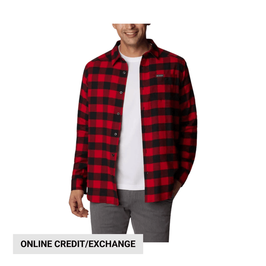 Red and black plaid long-sleeve button-up shirt on a model with a white undershirt, plus "ONLINE CREDIT/EXCHANGE" text