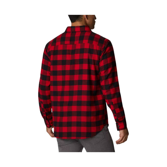 Red and black buffalo plaid flannel shirt shown from the back on a model