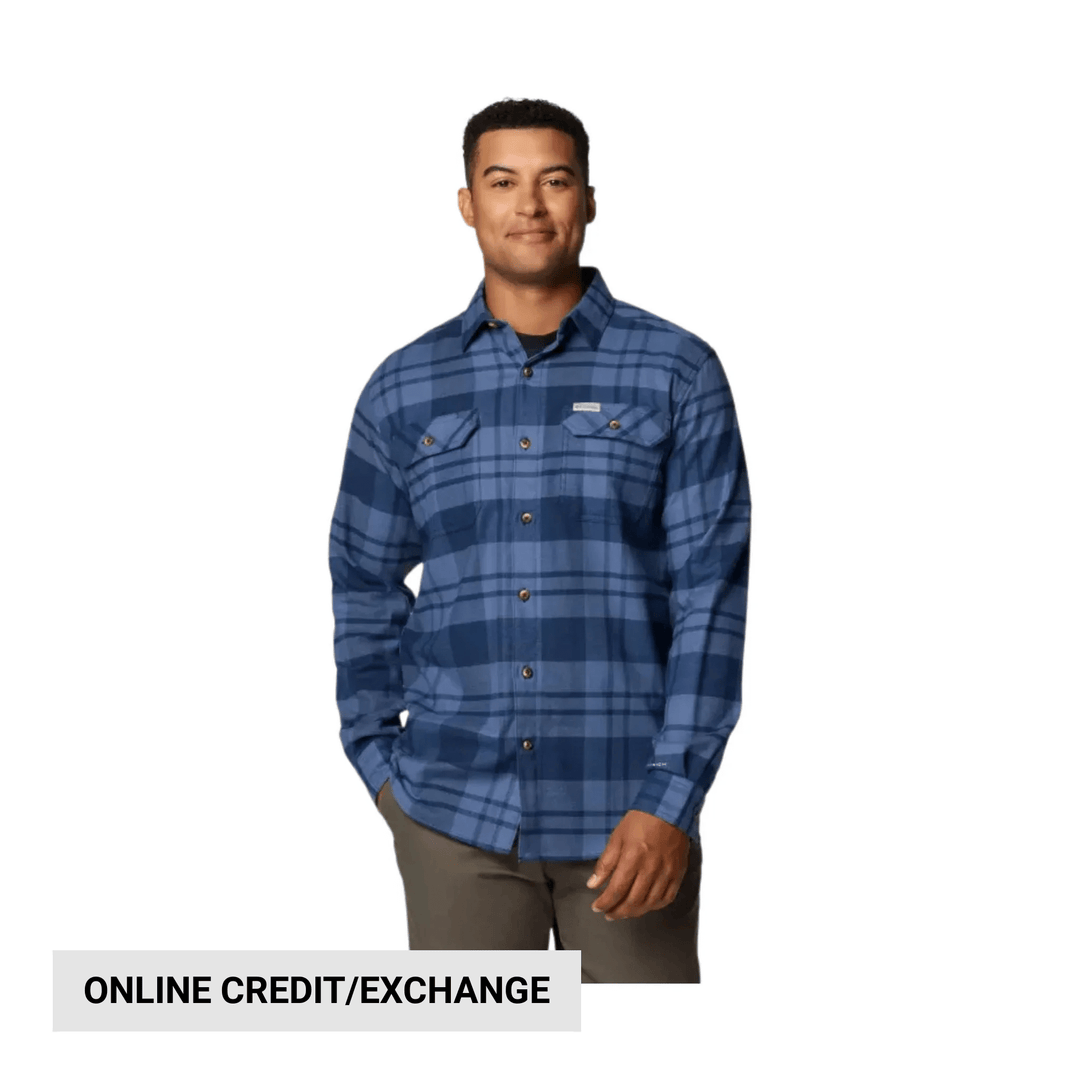 Blue plaid long-sleeve button-up flannel shirt with chest pockets