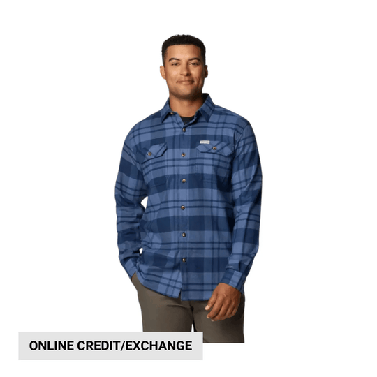 Blue plaid long-sleeve button-up flannel shirt with chest pockets