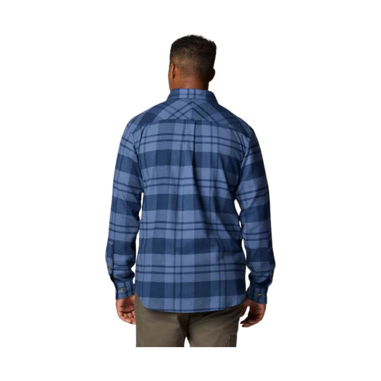 Blue plaid long-sleeve button-up shirt shown from the back