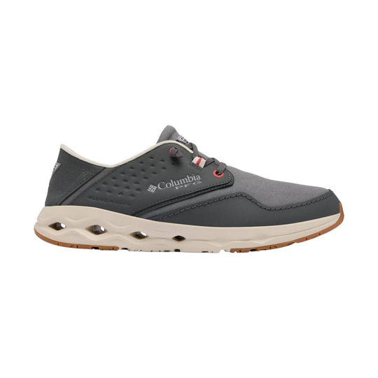 Gray lace-up boat shoe with a cream cushioned sole and cutout midsole, shown in side view