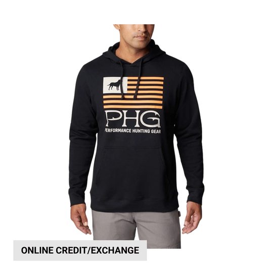 Black pullover hoodie with front kangaroo pocket and PHG hunting graphic on the chest