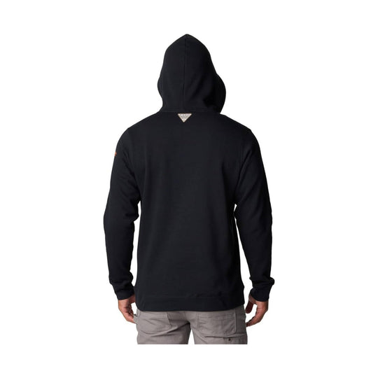 Black hooded pullover sweatshirt shown from the back, with a small triangle logo at the upper back.