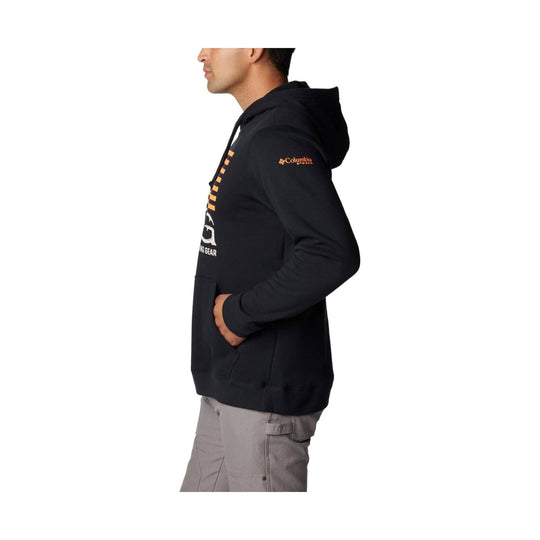 Black hooded pullover sweatshirt with orange logo on the chest and sleeve, shown in side view
