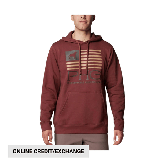 Burgundy pullover hoodie with front pouch pocket and PHG logo graphic