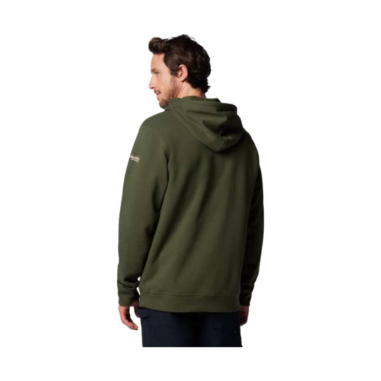 Olive green pullover hoodie shown from the back with a hood and small sleeve logo
