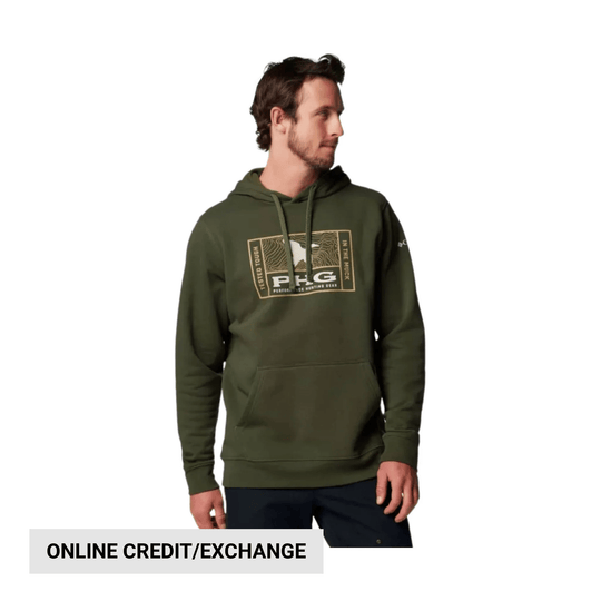 Olive green hooded pullover sweatshirt with front kangaroo pocket and chest graphic