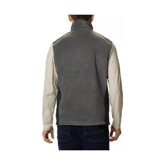 Gray fleece vest with long beige sleeves, shown from the back
