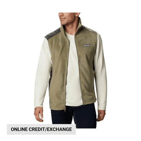 Olive fleece vest with a full-length zipper, stand collar, and small Columbia chest logo
