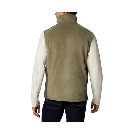 Olive fleece vest with cream long sleeves, shown from the back