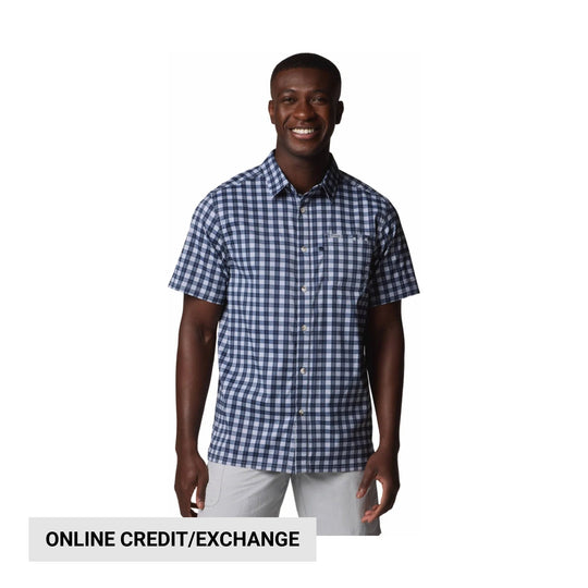 Man wearing a blue plaid short-sleeve button-up shirt