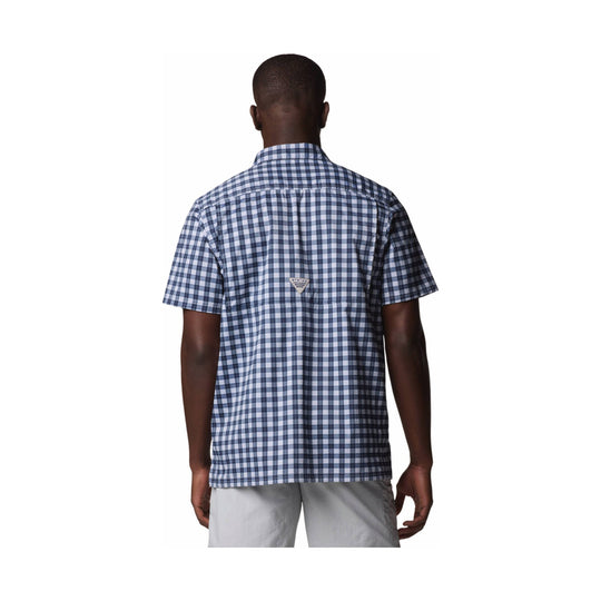 Blue and white plaid short-sleeve camp shirt shown from the back