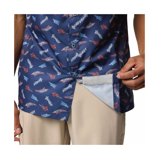 Navy short-sleeve camp shirt with red and light blue abstract print