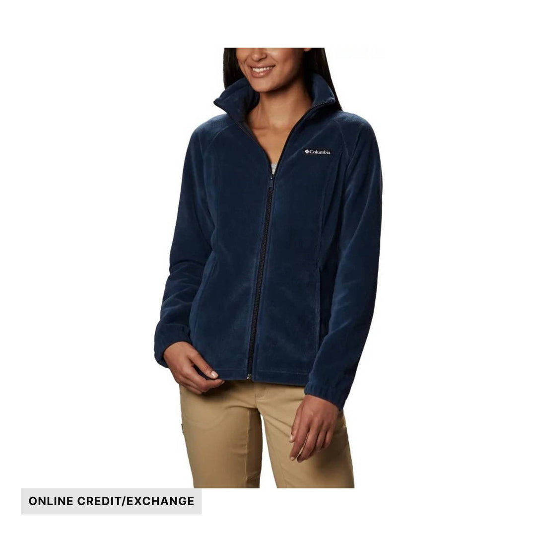 Navy fleece zip-up jacket with a stand collar