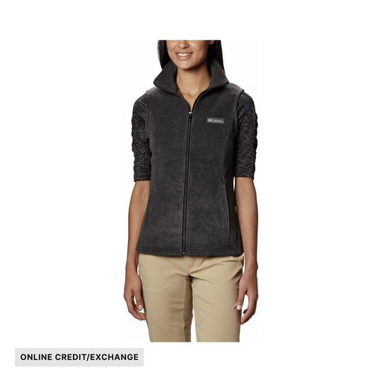 Charcoal zip-front fleece vest with stand collar and short sleeves over a dark heathered top; ONLINE CREDIT/EXCHANGE