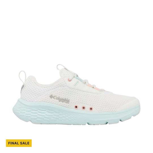 White low-top athletic shoe with light aqua sole and pink accents, shown in side view