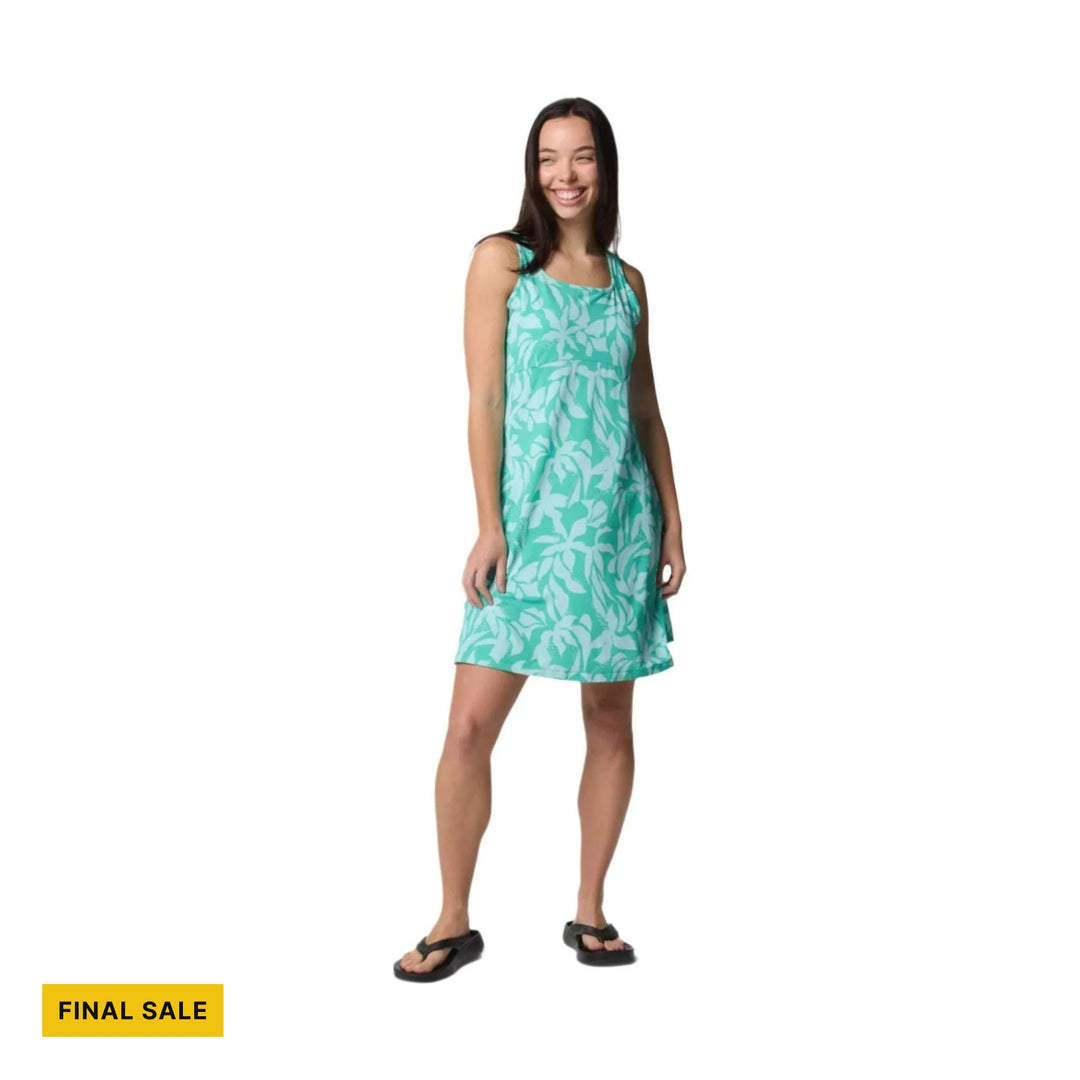 Turquoise sleeveless floral dress on a model with a "FINAL SALE" label