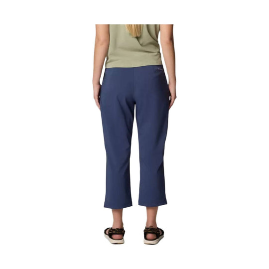 Blue cropped wide-leg pants on a model, back view