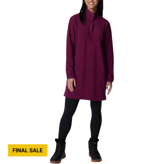 Long-sleeve maroon fleece dress with a high collar, shown with black leggings and black boots