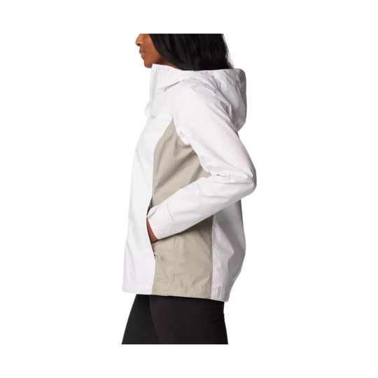 White hooded jacket with a beige side panel, shown in profile.
