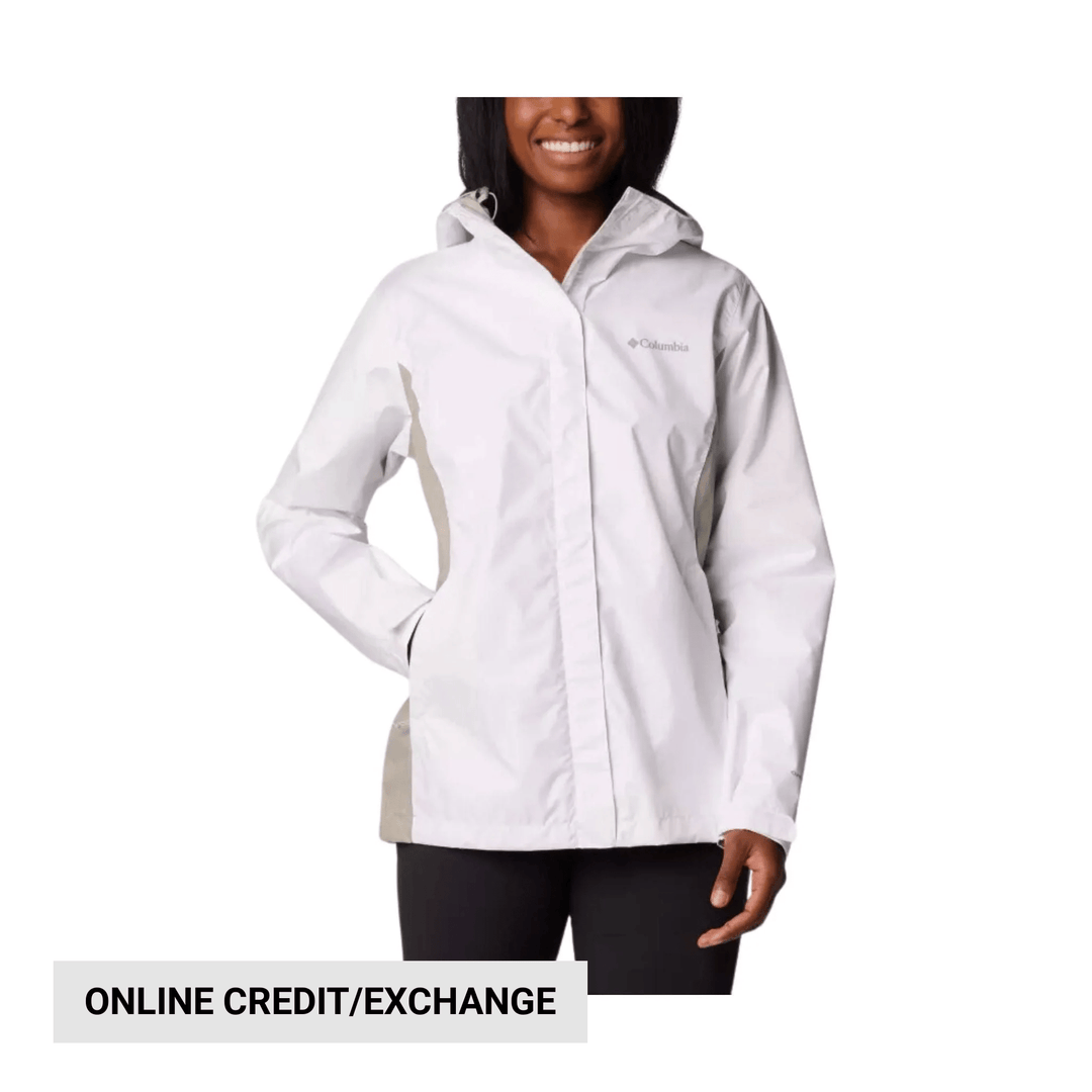 White hooded women’s rain jacket with a small chest logo and front zipper