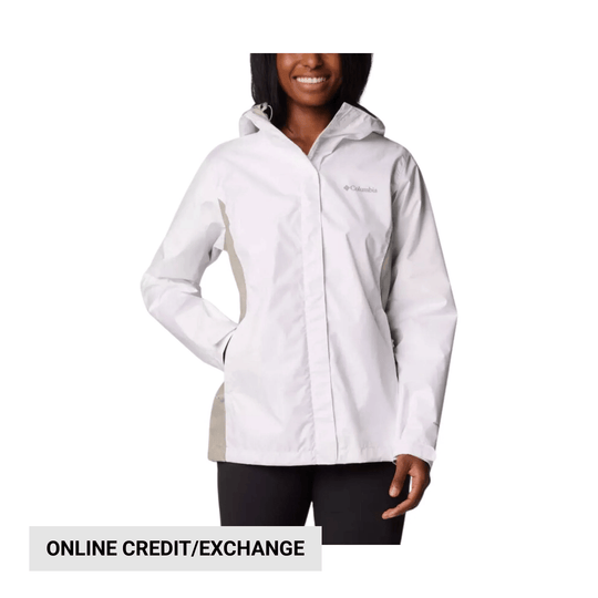 White hooded women’s rain jacket with a small chest logo and front zipper