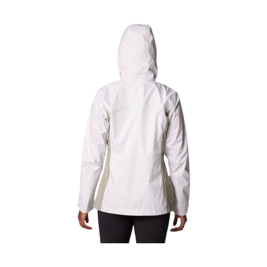 White hooded rain jacket shown from the back with light gray side panels
