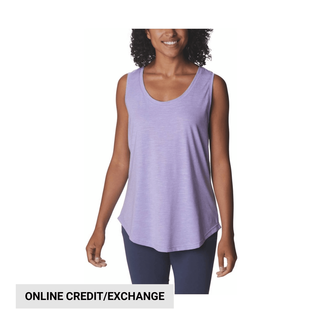 Lavender sleeveless tank top on a model with a scoop neckline and curved hem