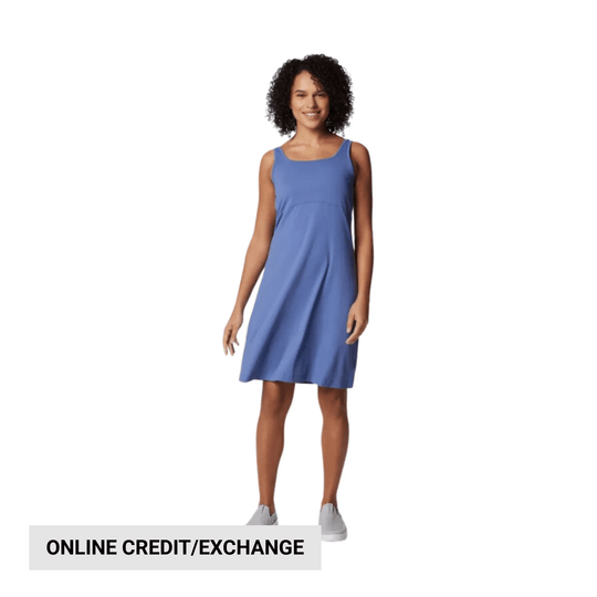 Blue sleeveless A-line dress on a model with "ONLINE CREDIT/EXCHANGE" text at the bottom