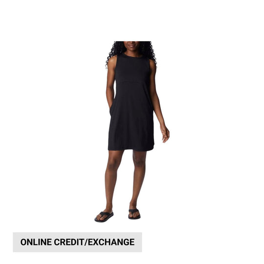 Black sleeveless A-line dress on a model with a crew neck and side pockets