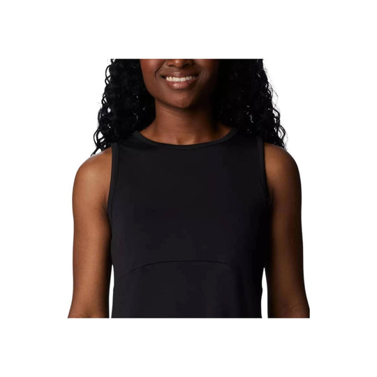 Black sleeveless dress with a high crew neck and fitted silhouette