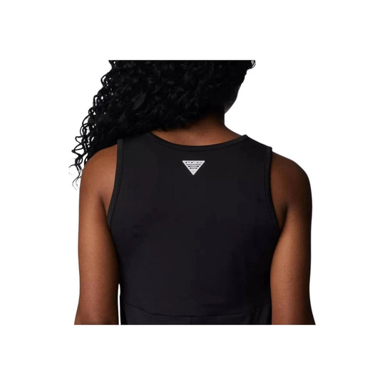 Black sleeveless athletic dress shown from the back