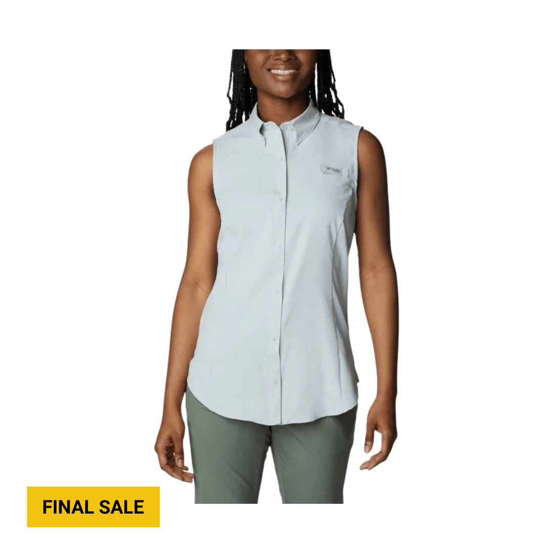 Light blue sleeveless button-up shirt with a stand collar