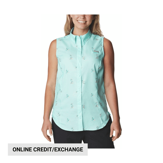 Mint sleeveless button-up shirt with small allover floral print