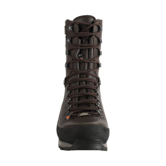 Brown leather lace-up hiking boot with metal hooks and a black rubber toe and outsole, front view