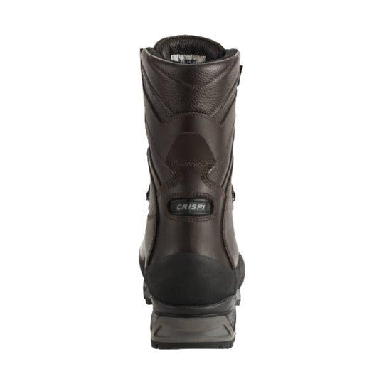 Brown leather insulated hiking boot with black toe cap and visible CRISPI logo