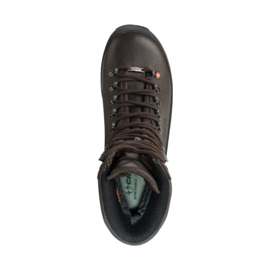 Brown lace-up hiking boot viewed from above with padded black collar and metal eyelets