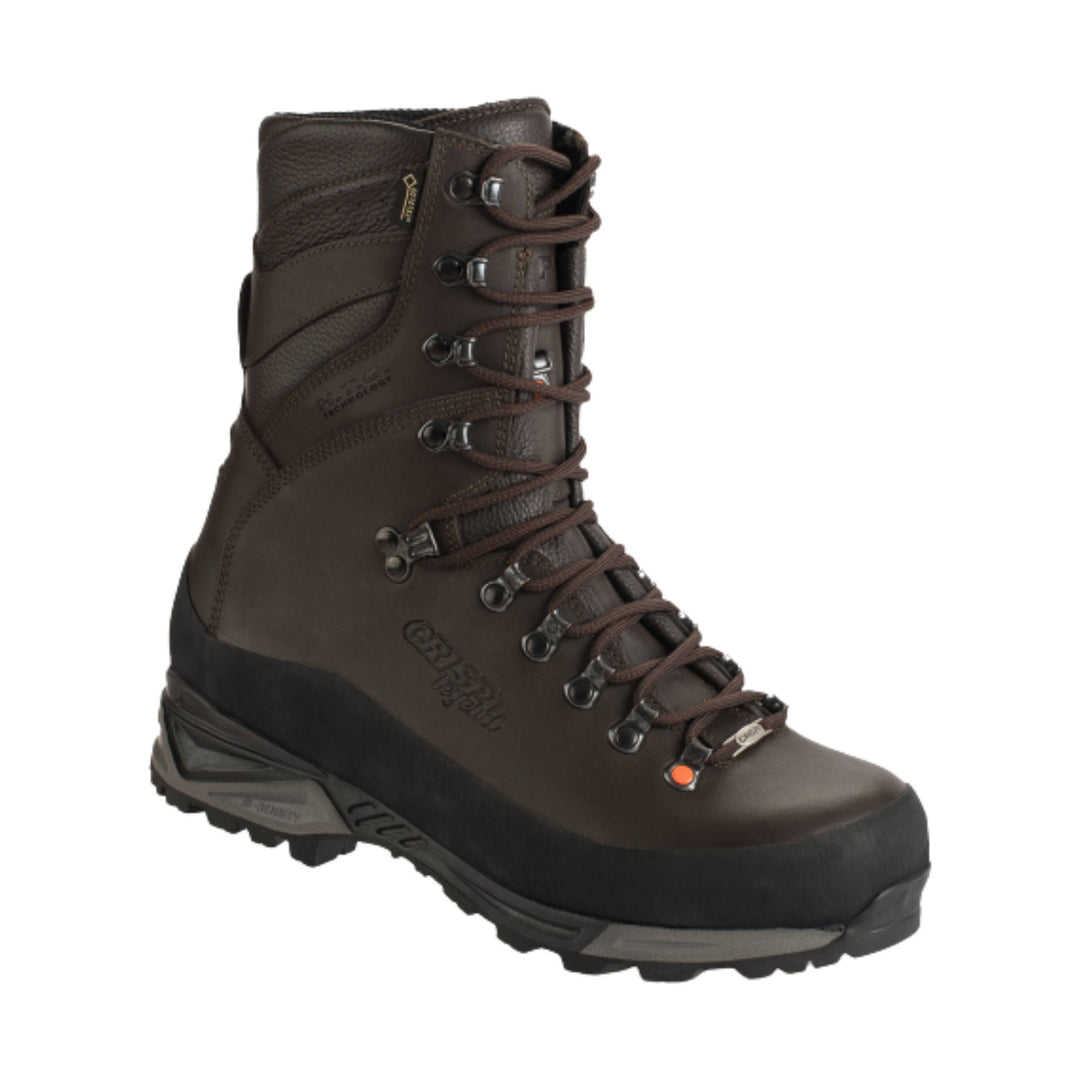 Brown insulated lace-up hiking boot with a black rubber toe cap and rugged outsole